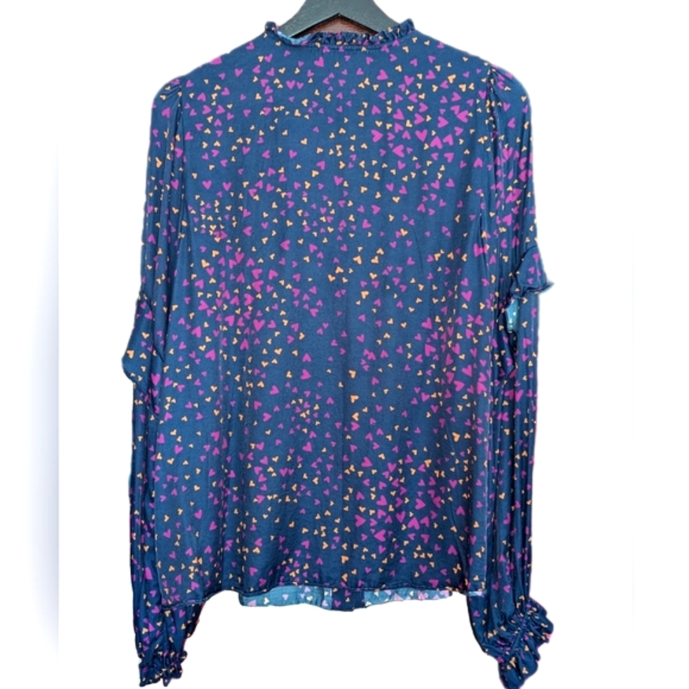 Hale Bob Blue Purple Silk Blend Blouse Hearts Long Sleeve Buttons Medium (Large) - Picture 3 of 16